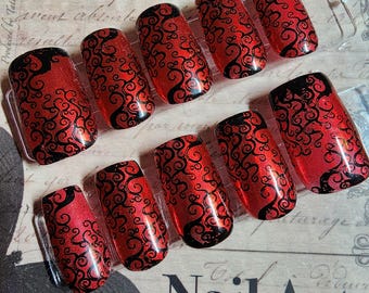 Red and Black Gothic Filigree Press on Nails | Art Nouveau Swirl Nails | Metallic Dark Romance False Nails | Victorian Scroll Glue on Nails