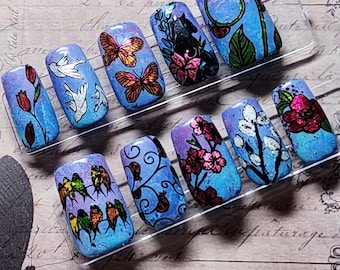 Vintage Secret Enchanted Garden – Hand-Painted Botanical Nature and Bird Themed, Illustration Watercolor Whimsical Reusable Press-On Nails