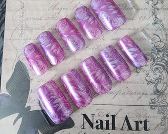 Hand Painted Orchid Pink Shimmer Press On Nails | Vintage Floral Stamped Art | Reusable Faux Nails | Square Victorian Botanical Design