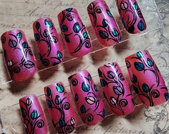 Hand‑Painted Floral Vine Press‑On Nails | Vibrant Magenta Floral Nails, Whimsical Flower Design, Shimmer Fuchsia Nail Set, Spring Garden