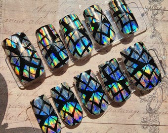Holographic Shattered Glass Press On Nails | Black Geometric Mosaic Luxury Nails | Bold Iridescent Custom Glue On Nails | Edgy Avant Garde