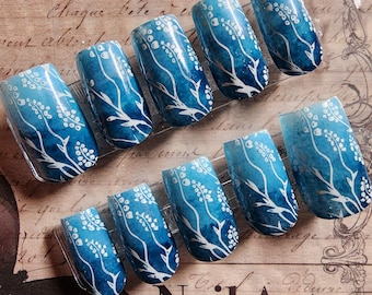 Midnight Meadow Hand-Painted Press On Nails | Teal Watercolor Botanical Nail Art | Floral Glue On Nails | Elegant Fake Nails | Reusable Set