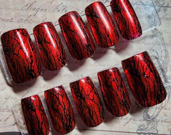 Dark Forest Red Metallic Press On Nails | Goth Spooky Tree Branch Nail Art | Grunge Gothic Hand Painted Glue On Nails |Emo Alt Fake Nails