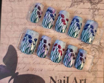 Hand-Painted Floral Press On Nails | Impressionist Flower Nail Art | Vintage Watercolor Wildflower Reusable Nails | Fake Nails with Lavender