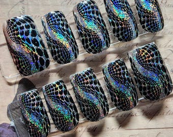 Optical Illusion Holographic Press On Nails | Black Dot 3D Effect Glue On Nails | Trippy Rainbow Mosaic Fake Nails | Hand Painted Nail Art