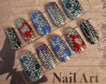 Graffiti Street Art Press on Nails | Brick  Wall Urban Design | Handpainted Faux Brick & Paint Splatter Nails | Edgy Glue On Nails