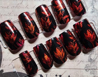 Black and Orange Metallic Floral Holographic Press On Nails | Dark Botanical Nail Art | Goth Floral False Nails | Reusable Gel Glue Ons