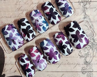 Colorful Floral Press On Nails |Hand-Painted Flower Nail Art |White Background Spring Nails  | Bright Pink Purple Blue Botanical Set