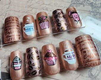 Coffee & Cupcakes Press On Nails | Bronze Metallic Coffee Bean Nails | Hand-Painted Cafe Aesthetic Fake Nails | Reusable Glue On Nails