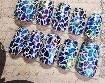 Iridescent Blue Mosaic Press On Nails - Shattered Glass Aesthetic - Handmade Galaxy Opal Glue Ons - Custom Reusable Luxury Nails