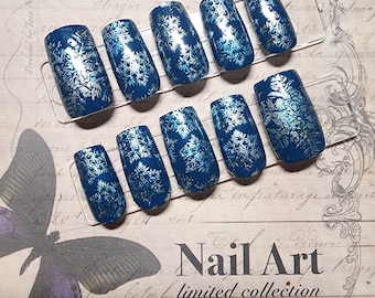 Snowflake Press On Nails - Navy Blue and Silver Winter Nails - Short Square Fake Nails - Reusable Glue On Nails - Icy Holiday Manicure