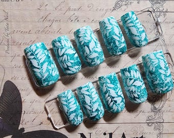 Teal and White Botanical Press On Nails | Hand Painted Leaf Print Fake Nails | Textured Sponge Art Faux Nails | Square Glue On Nails
