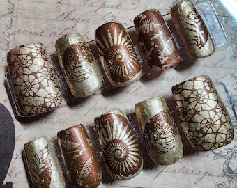 Fossil Bronze Press On Nails | Ammonite Shell Art | Vintage Natural History Nails | Textured Botanical Museum Style Nail Set | Fossil Art