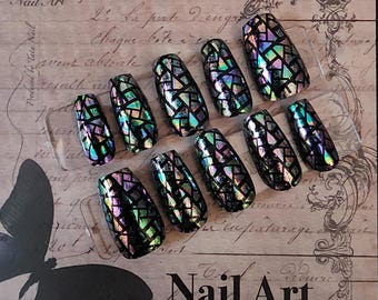 Iridescent Stained Glass Press On Nails | Black Mosaic Shattered Glass Falsies | Dark Gothic Glue on Nails | Coffin Luxury Nail Art