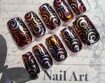 Molten Noir - Obsidian Flame Swirl Press On Nails | Black and Multi-Color Chrome Nail Art | Dark Hand Painted Nails | Gothic Scroll