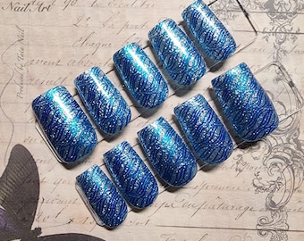 Blue Glitter Ocean Wave Press On Nails | Silver Shimmer Swirl Nails | Sparkly Abstract Glue On Nails | Reusable Fake Nails | Glitter Nails