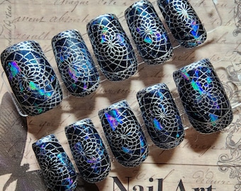 Midnight Galaxy Reflective Mandala | Holographic Dark Blue & Silver Luxury | Iridescent Shattered Glass Gothic Glam Geometric Press On Nails