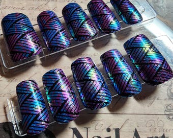 Geometric Holographic Press On Nails, Blue Purple Iridescent Art, Custom Hand-Designed Glue On Manicure, Trendy Festival Nail Design Set