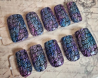 Cosmic Mosaic: Hand-Painted Blue and Purple Stained Glass Press-On Nails with Glitter Gradient and Black Geometric Abstract Line Art