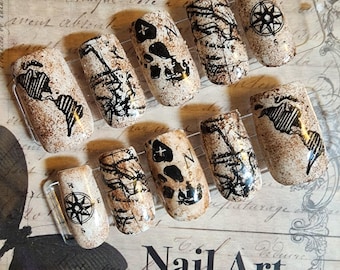 Vintage Antique Map Press On Nails | Nautical Compass and Pirate Ship Treasure Map Glue On Nails| Dark Academia Aesthetic Old World Nail Art