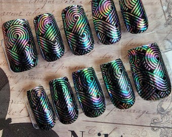 Holographic Black Swirl Press On Nails | Iridescent Geometric Line Art Fake Nails | Cyberpunk Oil Slick Hand Painted Reusable Glue On Nails