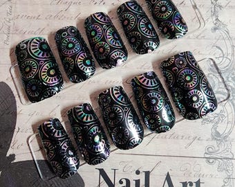 Holographic Steam Punk Press On Nails | Black Iridescent Boho Nail Set | Dark Academia Nails | Round Geometric Chrome Fake Nails Glue On