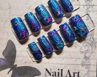 Midnight Blue Holographic Floral Press On Nails | Iridescent Cobalt Flower Mandala Fake Nails | Reusable Luxury Glue On Nails | Shimmering