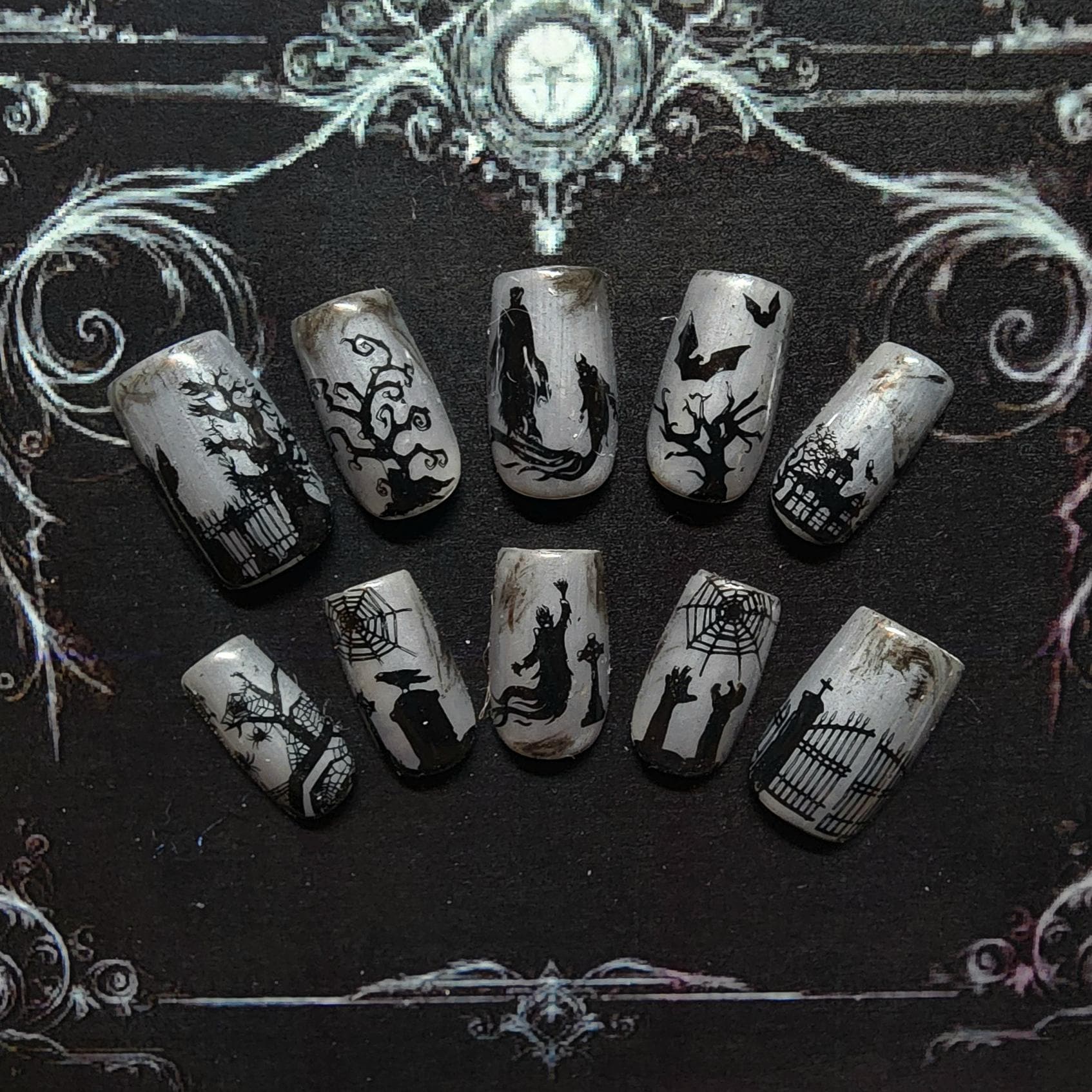Gothic Cemetery Press on Nails Spooky Halloween Fake Nails Grey & Black Haunted Graveyard Nail Art Witchy Dark Arts Glue on Nails Gift