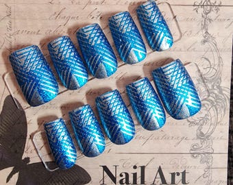 Electric Blue & Silver Geometric Stamped Press-On Nails - Modern Abstract Minimalist Metallic Nail Art Set | Custom Reusable Press Ons