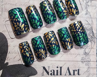 Emerald and Gold Leaf Press On Nails | Dark Teal Luxury Nails with Metallic Botanical Foil Art | Elegant Nature Inspired Fake Nails Set