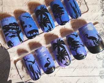 Hand-Painted Twilight Nature Nails | Silhouette Landscape Press-Ons | Sunset Blue and Purple Ombre Long Square Nails