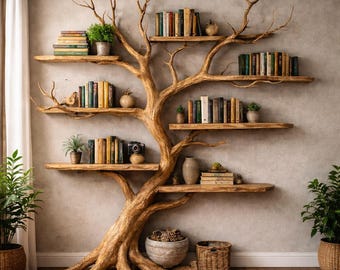 Estantería de madera con forma de árbol, estantería de pared con forma de árbol escultural, estantería rústica de madera, estantería artística con forma de rama, decoración para sala de estar, 84 x 46 pulgadas.