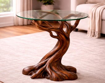 Tree Root Glass Side Table, Sculptural Wooden End Table, Solid Wood Base Round Coffee Table, Modern Rustic Living Room Decor