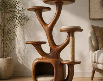 Luxury Wooden Cat Tree, Modern Sculptural Cat Tower Furniture, Solid Wood Cat Condo, Designer Cat Climbing Tree, Aesthetic Pet Furniture