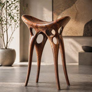 Taburete escultural de madera, taburete auxiliar orgánico moderno, taburete lateral artístico de madera maciza, silla taburete de lujo de diseño, mueble único hecho a mano