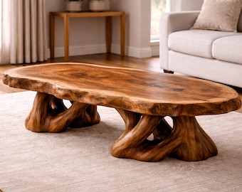 Edge Wood Coffee Table, Rustic Solid Wood Center Table, Natural Organic Coffee Table, Sculptural Wooden Living Room Table