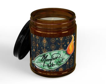 Candela profumata alla soia Manifest That Sh!t – Barattolo in ambra con foglia di alloro in fiamme