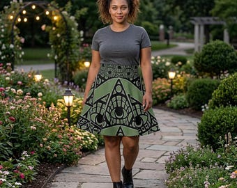 Gonna skater tribale Mystic Eye con stampa all-over color salvia