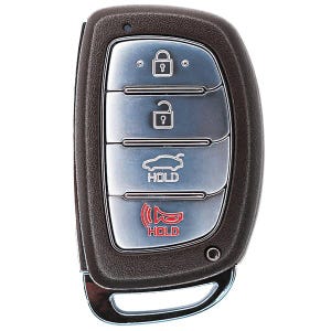 May include: A car key fob with a dark brown border and silver buttons. The buttons include lock, unlock, car, and horn functions. The horn button is red and says "HOLD".