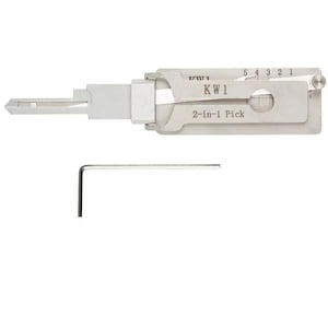 May include: A silver-colored 2-in-1 pick lock tool with the text "KW1" and "2-in-1 Pick" printed on it. The tool has a series of numbers and a small metal L-shaped tool is also included.