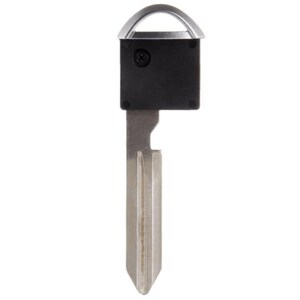 May include: A car key with a silver metal blade and a black plastic head. The key has a small, curved silver loop at the top and a small screw on the front of the black head.