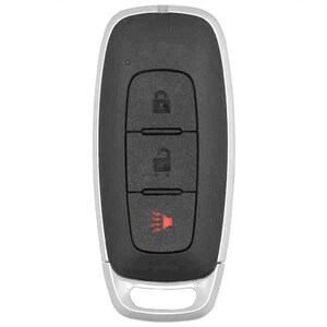 May include: A black car key fob with a silver border. The fob has three buttons: lock, unlock, and panic. The panic button is red. The key has a key ring hole at the bottom.