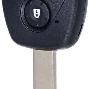 May include: Black car key with a silver key blade. The key has four buttons, including a red "PANIC" button. The other buttons have icons for lock, unlock, and trunk release.