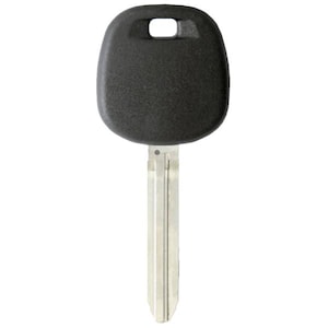 May include: A black car key with a rounded head and a rectangular hole at the top. The key's blade is silver and has a ridged design. The key is designed for automotive use.