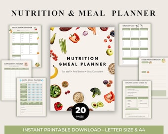 Nutrition & Meal Planner | Weekly Meal Plan, Grocery List, Calorie Tracker, Food Journal | Printable Wellness PDF