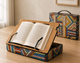 Personalized Wooden Book Stand with Storage - Cushioned Lap Desk - Adjustable Cookbook Holder