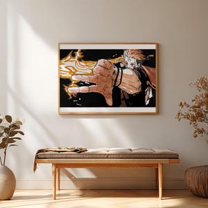 Pode incluir: Obra de arte emoldurada com um personagem em estilo mang&aacute; com cabelo laranja e uma express&atilde;o determinada. A m&atilde;o do personagem est&aacute; estendida, com energia laranja flamejante emanando dela. A obra est&aacute; em uma moldura de madeira, acima de um banco de madeira.