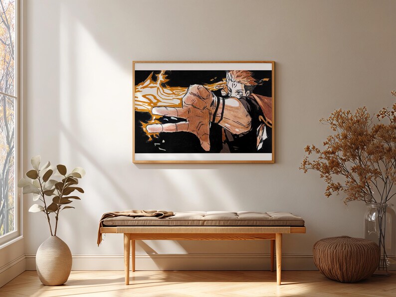 Pode incluir: Obra de arte emoldurada com um personagem em estilo mang&aacute; com cabelo laranja e uma express&atilde;o determinada. A m&atilde;o do personagem est&aacute; estendida, com energia laranja flamejante emanando dela. A obra est&aacute; em uma moldura de madeira, acima de um banco de madeira.