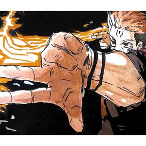 Pode incluir: Ilustra&ccedil;&atilde;o de um personagem com cabelo ruivo espetado e marcas no rosto, estendendo uma m&atilde;o. Chamas laranja emanam da m&atilde;o, contra um fundo preto. A obra &eacute; um close-up, focando na m&atilde;o e no efeito de fogo.