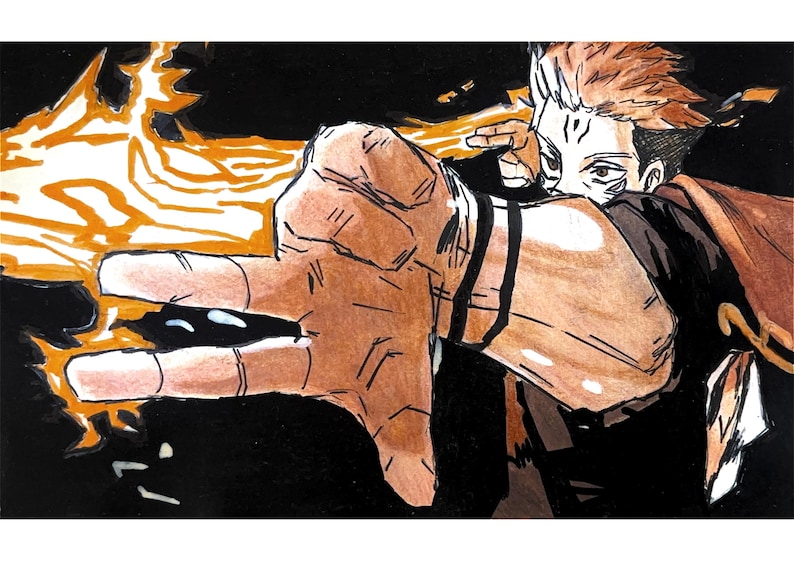 Pode incluir: Ilustra&ccedil;&atilde;o de um personagem com cabelo ruivo espetado e marcas no rosto, estendendo uma m&atilde;o. Chamas laranja emanam da m&atilde;o, contra um fundo preto. A obra &eacute; um close-up, focando na m&atilde;o e no efeito de fogo.